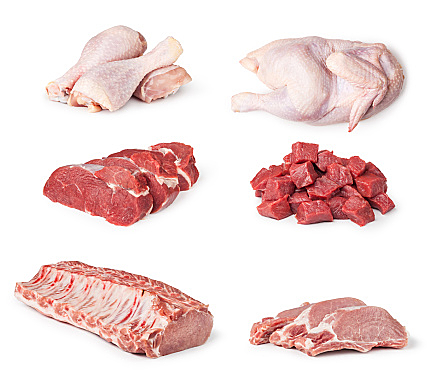 Pieces of raw chicken, beef and pork meat